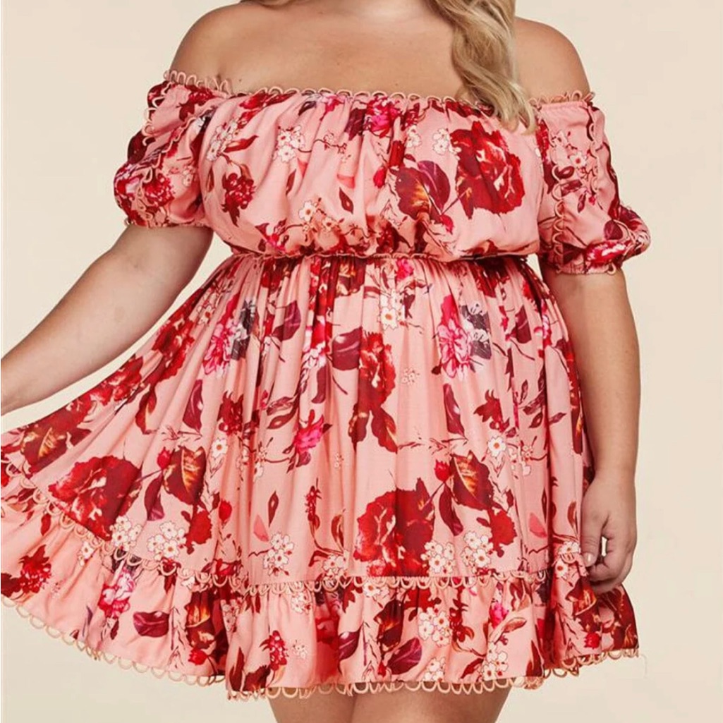 Plus Size Off Shoulder Ruffle Floral Mini Dress
